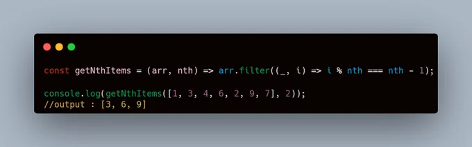 const getNthItems = (arr, nth) => arr.filter((_, i) => i % nth === nth - 1);

console.log(getNthItems([1, 3, 4, 6, 2, 9, 7], 2));
//output : [3, 6, 9]