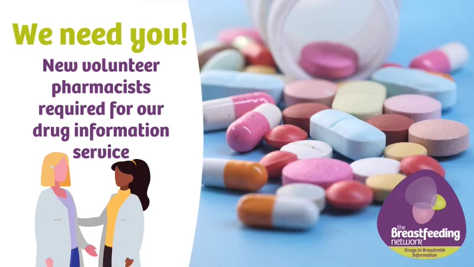 picture of tablets/pills spilling out of a bottle with text stating 'We need you. New volunteer pharmacists required for our drug information service'. 