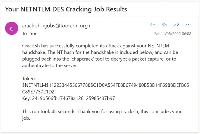 Results of a crack.sh job for a NTLMv1 hash.