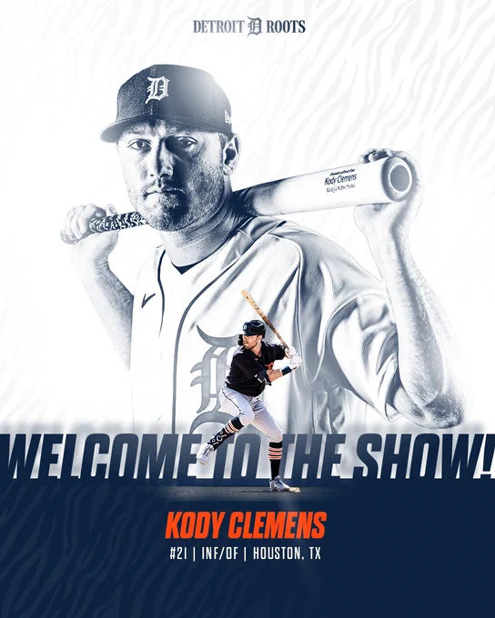 Welcome to the Show Kody Clemens graphic. Cutout pose of Clemens centered. Spotlight effect on cutout batting in foreground.