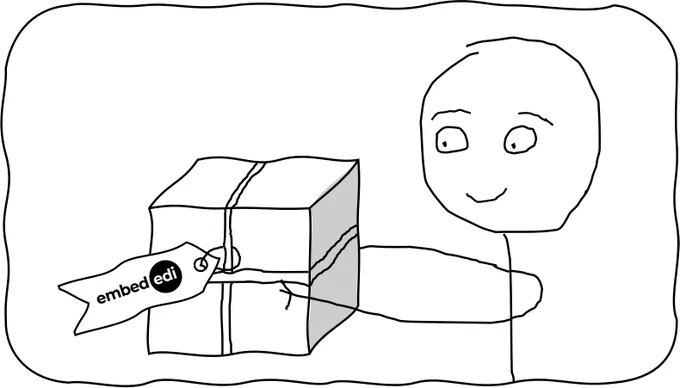 Stick person offering a wrapped gift, with an Embed EDI gift tag.