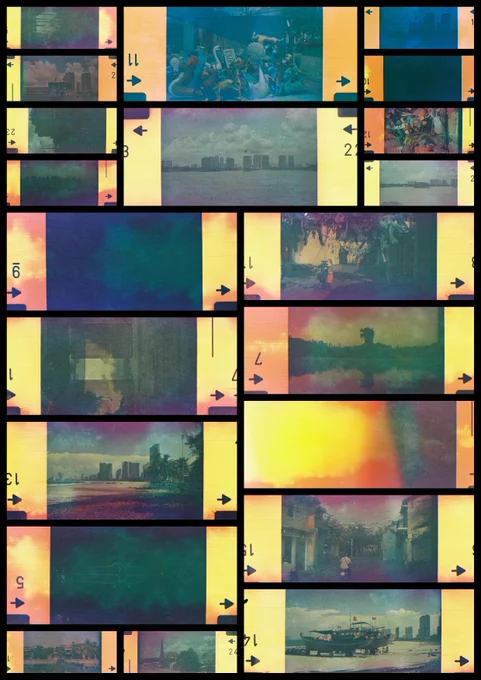 collage of 22 film exposures showing mold and light leak damage
