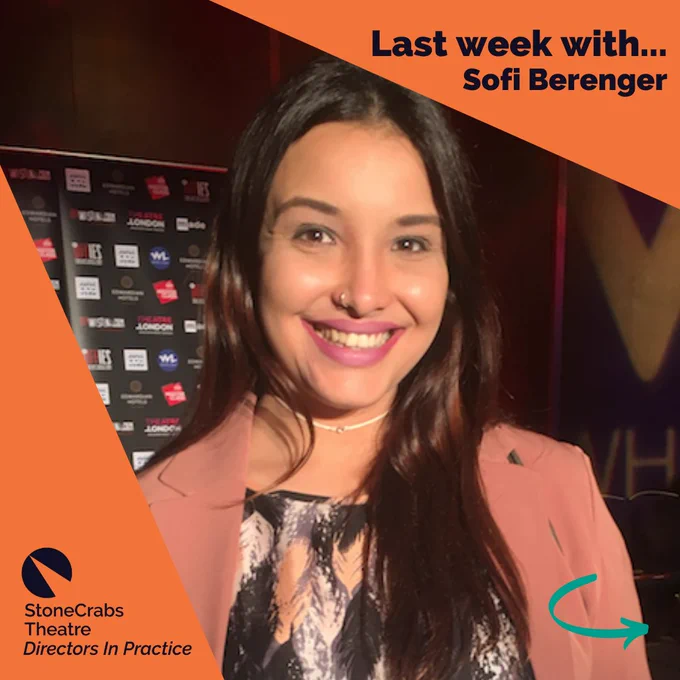 A square which has an orange background with a spotlight shining from the upper left corner which has a photo in it. The photo is of a young woman with medium brown skin and long dark brown hair. She is wearing a pale orange-pink blazer over a black, white and orange patterned top. She is smiling widely at the camera. A teal arrow in the bottom right corner points right. Dark indigo text in the upper right corner reads: Last week with...Sofi Berenger.