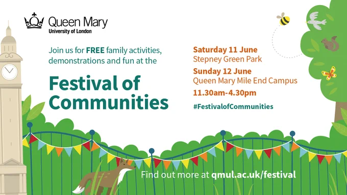 Festival of Communities promotional flyer which reads 'Festival of Communities, Saturday 11 June Stepney Green Park and Sunday 12 June, Queen Mary Mile End Campus'. The backdrop is our campus clocktower and bushes and trees.