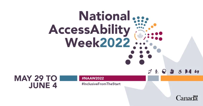 The visual reads National AccessAbility Week 2022. Then the following text: May 29 to June 4. #NAAW2022 #InclusiveFromTheStart