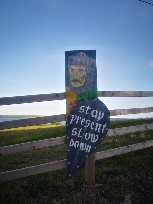 Painted medieval Knight with "slow down stay present" sign on shield. 