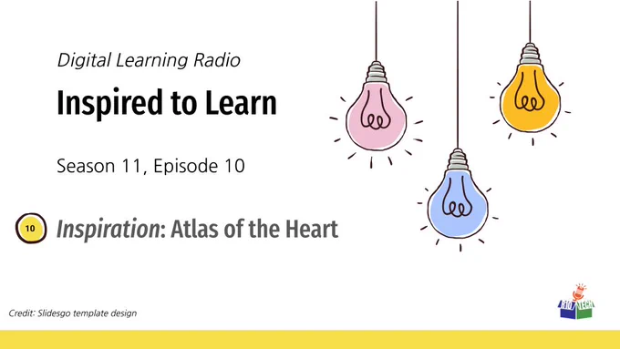 upper right: 3 sketched lightbulbs, hanging from the top, lower right, R10Tech podcast logo; "Digital Learning Radio, Inspired to Learn, Season 11, Episode 10, Inspiration: Atlas of the Heart" Credit: Slidesgo template design

