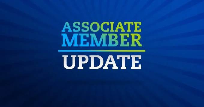 Blue, green, and white graphic reading "Associate Member Update"
