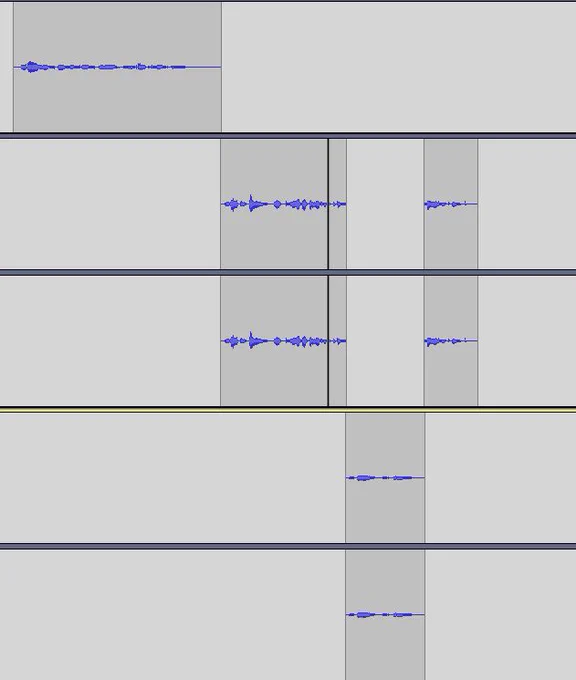 screenshot of some raw audio in the Audacity recording program; different voices on alternate lines, shown as soundwaves. 