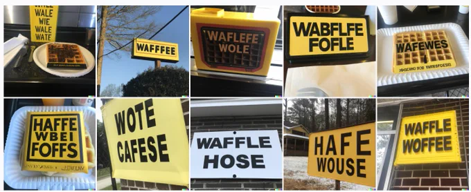 AI-generated signs on buildings or on food. They're all black and yellow with all-caps letters reading variations on "Wabflfe Fofle" and "Hafe Wouse" and "Waffle Woffee"