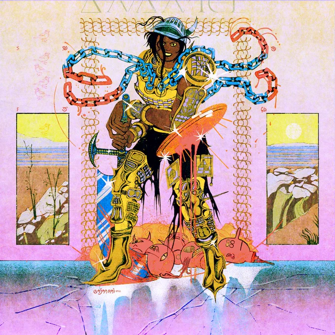 Ananiel is a human warrior, grinning and wearing elaborate but chaotic gold armour against a hazy background of pink and cream. Behind her is some sort of gateway, and windows showing a morning landscape. The ground is icy and cracked. By her feet are freshly decapitated demon heads. Her sword and shield are bloodied - as are the four hefty animated chains that that are attached to her breastplate. Blood flicks from them and she clutches her sword in gleeful anticipation. A ghostly sparrow motif is inprinted on the left. 