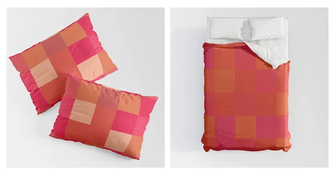 A pair of pillow shams on the left patterned in red coloured square swatches. To the right is a duvet cover on a bed also coloured in red coloured square swatches