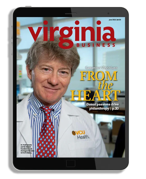 Virginia Business magazine cover with Dr. Todd Stravitz on cover.