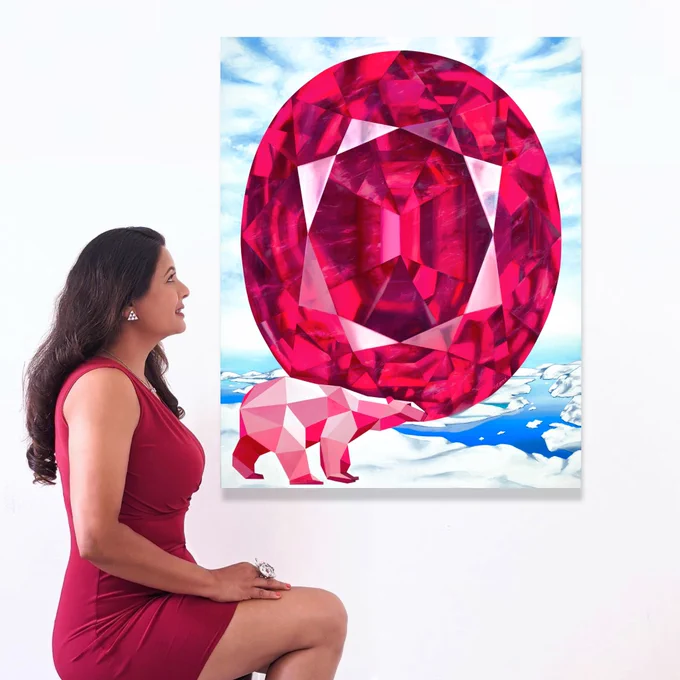 'Fire Under Ice' a Greenland Ruby painting on canvas by Reena. 