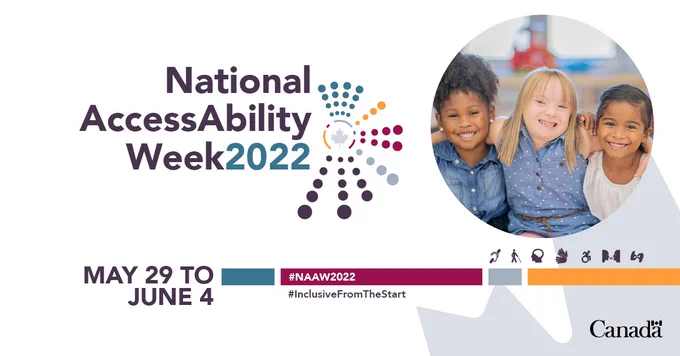 The visual reads National AccessAbility Week 2022. Then the following text: May 29 to June 4. #NAAW2022 #InclusiveFromTheStart. Text is followed by the photo of 3 little girls of different ethnicities hugging and smiling. One girl has Down syndrome. The visual ends with the Canada Wordmark.