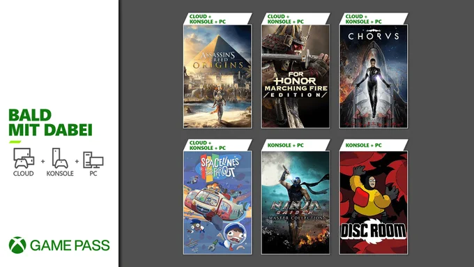 Die neuen Spiele im Xbox Game Pass. Mit dabei: For Honor: Marching Fire Edition, Ninja Gaiden: Master Collection, Assassin’s Creed Origins, Chorus, Disc Room und Spacelines from the Far Out.
