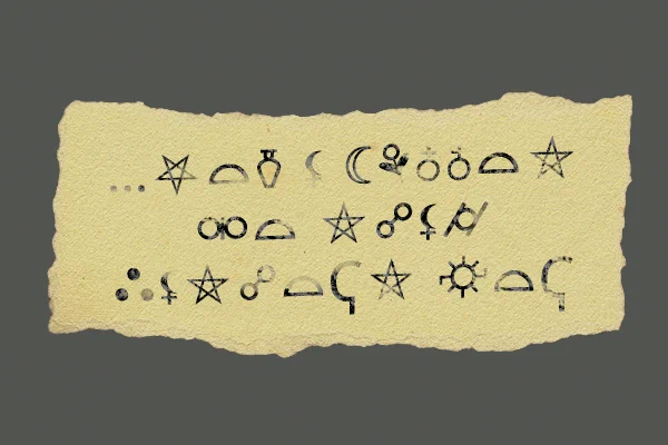 image with a scrap of paper, has written symbols in black ink, ...⛧⌓⚱ ⚸ ☾⚘♁♁⌓⛤ ⚮⌓ ⛤☍⚸⌭ ⛬⚸⛤☍⌓ↅ⛤ ⛮⌓ↅ