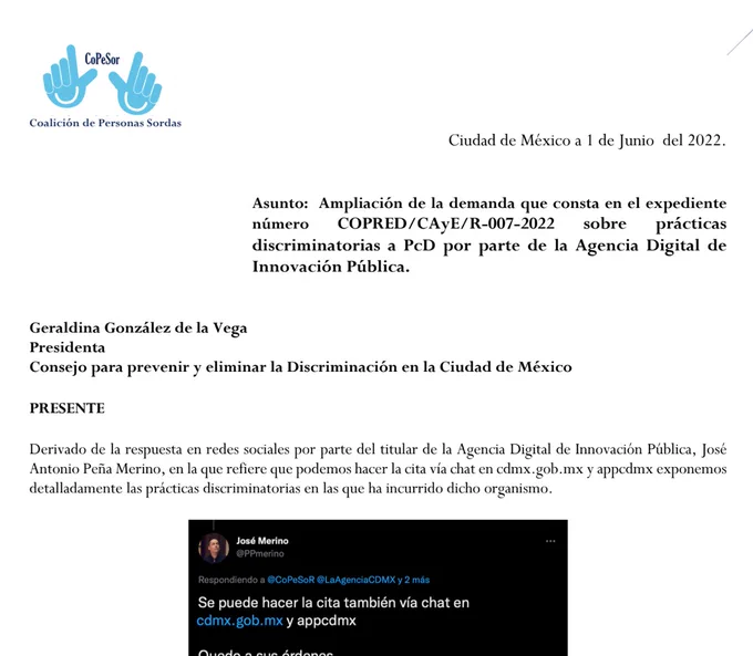 Captura de pantalla de una carta enviada a la Presidenta de COPRED con el asunto ampliación de la demanda que consta en el expediente número copred/caye/r-007-2022 sobre prácticas discriminatorias a PcD por parte de la Agencia Digital de Innovación Pública. 