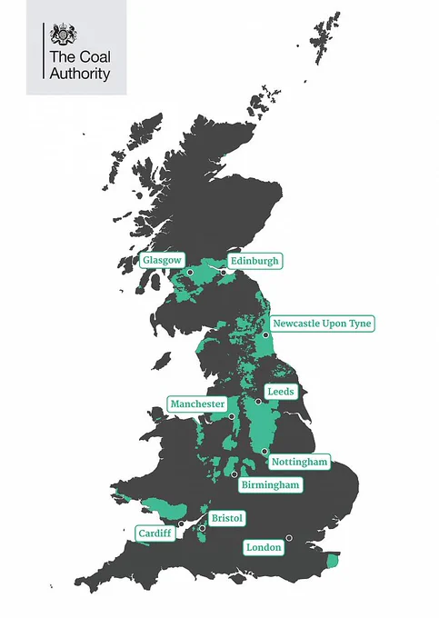 Map of UK with city points being roughly on places with coal bearing outcrops 