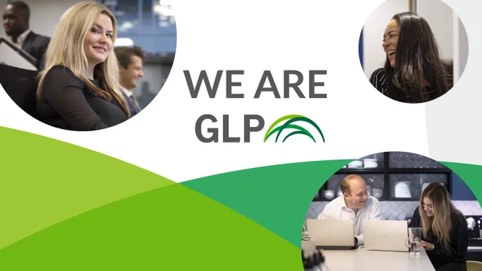 A corporate collage depicting smiling men and women in an office surrounding the company logo.