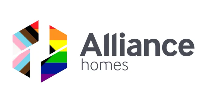 Alliance Homes logo considering of four parallelogram shapes creating a hexagonal chevron shape next to text that read Alliance Homes. The hexagonal chevron shape features the Progressive Pride flag.