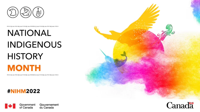 On the right, the sun is at the centre surrounded by a multicoloured smoke. There are three symbols featured. The eagle in yellow, represents First Nations Peoples. The narwhal in blue, represents Inuit. The violin, in green, represent Métis Peoples. On the left, the text: National Indigenous History Month. #NIHM2022.