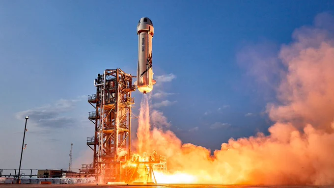 New Shepard Rocket Launch (booster is powered by burning a combination of liquid hydrogen and liquid oxygen, a green solution as it produces water!)