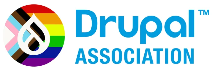 Image reads 'Drupal Association' in blue text with a rainbow Progress Pride flag Drupal logo.