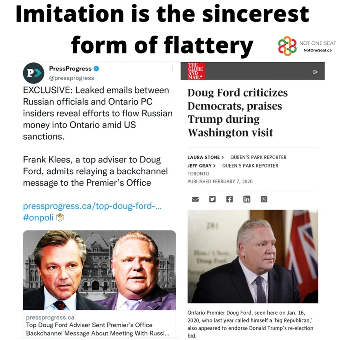 The headline reads Imitation is the sincerest form of flattery. Side by side is a screenshot of a tweet sharing an article from Press Progress about leaked emails between Russian officials and Ontario PC insiders trying to flow money into Ontario despite US sanctions, and a 2020 article from the Globe and Mail about Ford praising Donald Trump and the Republicans.