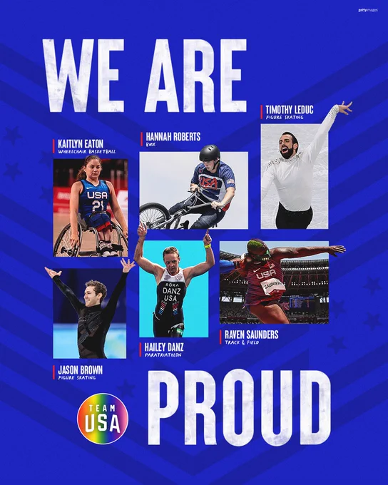 Graphic with text "We are Proud" and photos of Kaitlyn Eaton playing Wheelchair Basketball, Hannah Roberts doing BMX, Timothy Leduc figure skating, Hailey Danz doing Paratriathlon, Raven Saunders doing shot put with Track and Field and Jason Brown Figure Skating.