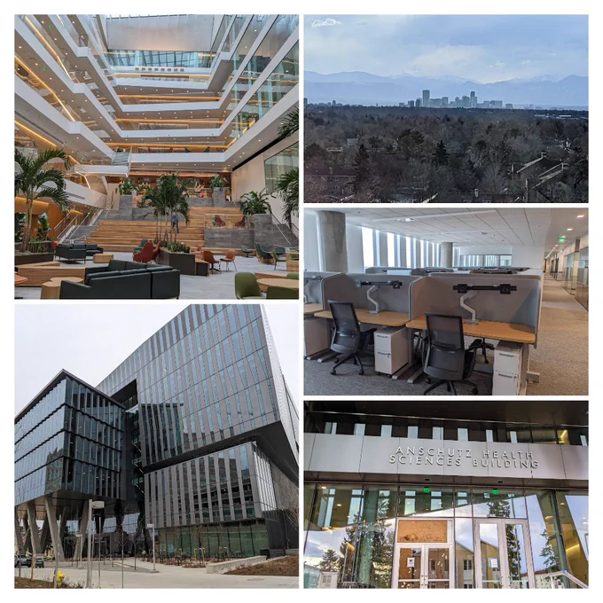 Collage of 5 pictures. 1. Lobby and inside view of the Anschutz Health Sciences Building (AHSB), 2. AHSB front facade/elevation in black   glass, 3. Center for Health AI (Floor 6) open office plan, 4. Dry winter trees   foggy landscape of Denver downtown with a backdrop of the Rocky Mountains hiding in the fog, 5. AHSB name on the side/front of the new building.