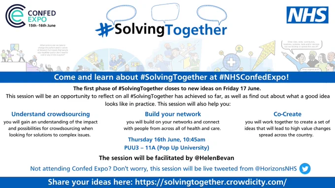 Want to learn more about #SolvingTogether?

Join us at #NHSConfedExpo!

This session will be an opportunity to reflect on all #SolvingTogether has achieved so far, as well as find out about what a good idea looks like in practice.

🗓️Thurs 16 June  
⏰10:45am
📍PUU3 – 11A 
