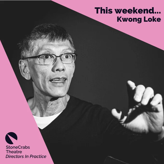 A square which has a light pink background with a spotlight shining from the upper left corner which has a photo in it. The photo is a black and white photo of Kwong Loke. He is dressed in a black long-sleeved shirt and glasses and is gesturing to the right with his hand. Dark indigo text in the upper right corner reads: This weekend...Kwong Loke.