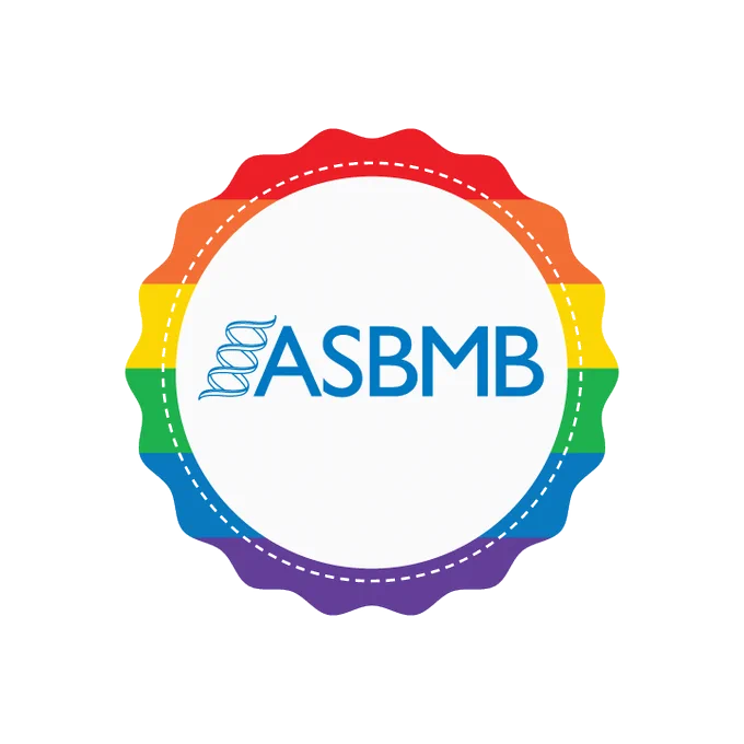 ASBMB's logo, comprised of a blue double helix and the letters ASBMB in all-caps, framed by a rainbow circle that starts at the top with a band of red, then orange, yellow, green, blue and purple. The edges of the outside circular frame are wavy.
