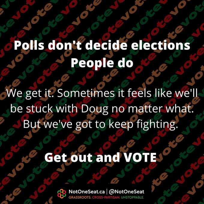 The background is the word 'vote' in red, orange and green. The text reads "Polls don't decide elections. People do. We get it. Sometimes it feels like we'll be stuck with Doug forever. But we've got to keep fighting. Get out and VOTE"