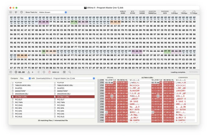 screenshot of Applesauce disk comparison tool showing differences between two revisions of "Ultima II"