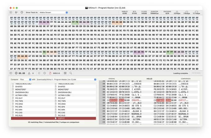screenshot of Applesauce disk comparison tool showing differences between two revisions of "Ultima II"