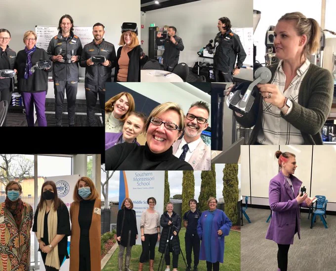 A collage of teachers with various VR equipment 