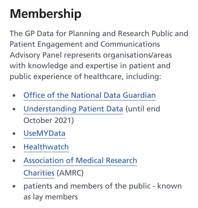 Membership

The GP Data for Planning and Research Public and Patient Engagement and Communications Advisory Panel represents organisations/areas with knowledge and expertise in patient and public experience of healthcare, including: 

Office of the National Data Guardian

Understanding Patient Data (until end October 2021) 

UseMYData 

Healthwatch

Association of Medical Research Charities (AMRC)

patients and members of the public - known as lay members