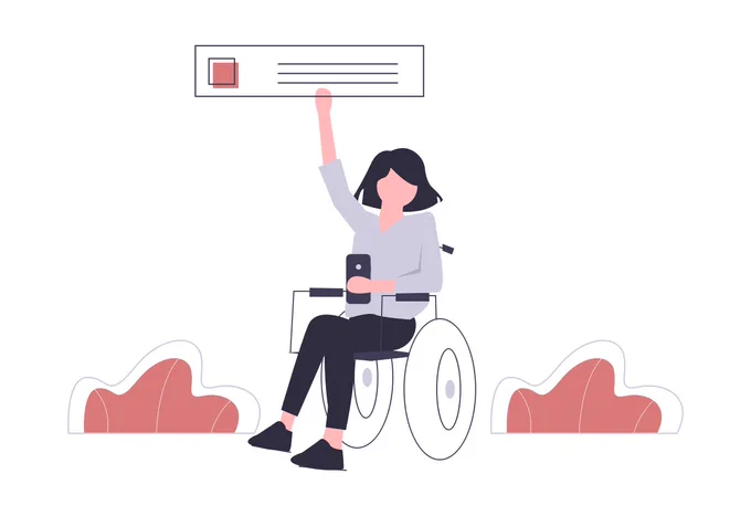 Illustration d'une personne assise dans un fauteuil roulant. Elle tient un appareil mobile d'une main et tend l'autre main vers le haut pour toucher une boîte de dialogue flottante.