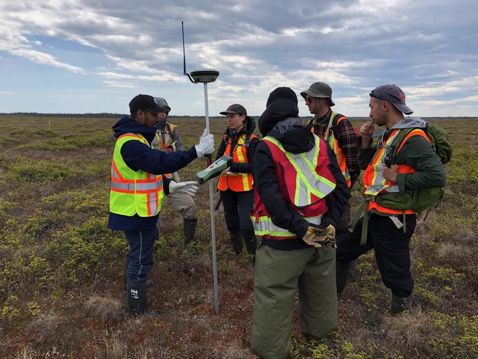 A group of researchers with a GPS unit in a peatland.