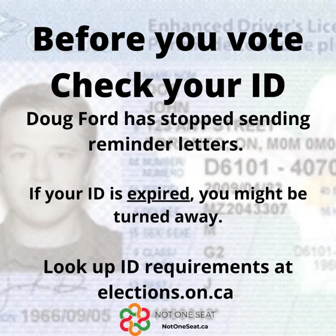 Background image is an Ontario Drivers License. Text reads "Before you vote, check your ID. Doug Ford has stopped sending reminder letters. If your ID is expired, you might be turned away. Look up ID requirements at elections.on.ca" 
