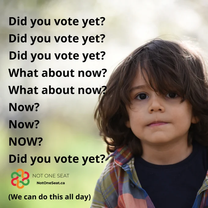 A young kid is looking straight at the viewer. The text reads "Did you vote yet? Did you vote yet? Did you vote yet? What about now? What about now? Now? Now? NOW? Did you vote yet? (We can do this all day.)"