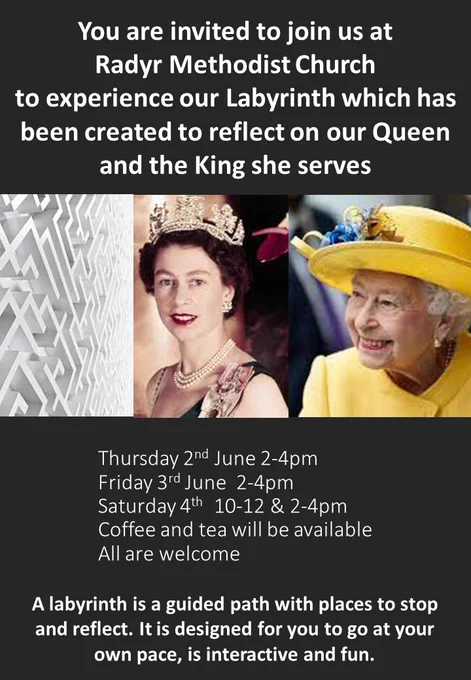 Details of jubilee Labyrinth. Full text at https://radyr.org.uk/methodist/labyrinth-for-the-queens-jubilee/