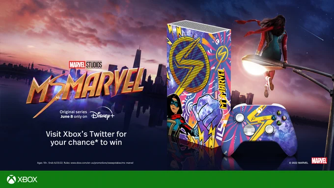 Image shows a custom Ms. Marvel themed Xbox Series S with matching controller beside text that reads,"Marvel Studios: Ms. Marvel. Original series June 8 only on Disney . Visit Xbox's Twitter for your chance* to win. Ages 18 . Ends 6/23/22. Rules: www.xbox.com/en-us/promotions/sweepstakes/ms-marvel" all in front a nighttime cityscape background with Ms. Marvel herself sitting on a lamppost.