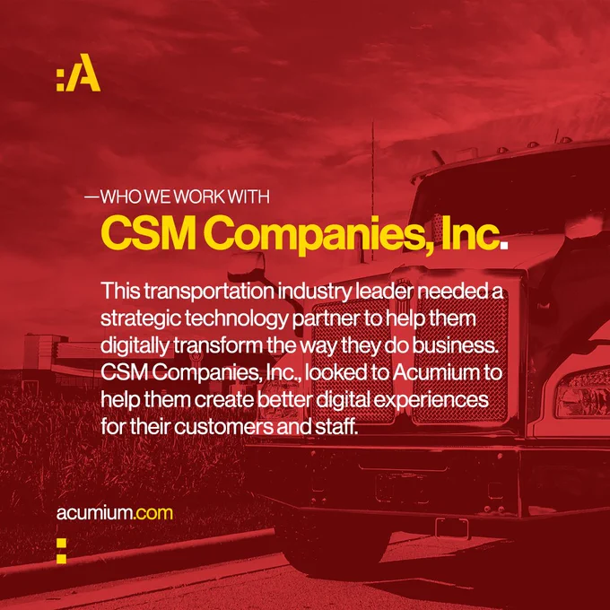 Who we work with: CSM Companies, Inc. - Image of a Kenworth truck in front of a Kenworth dealership.