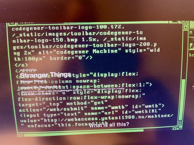 Stranger Things Season 4 Episode 6 at 53:57. Image shows using some code that didn't exist till 2009 but the show was set in 1986