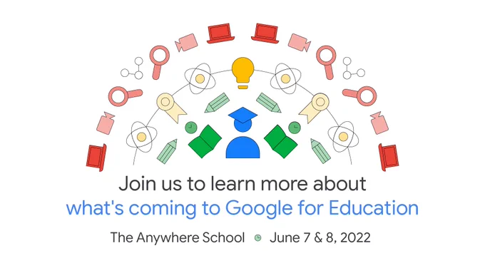A colorful arrangement of school-related icons are laid out to make a rainbow arch.