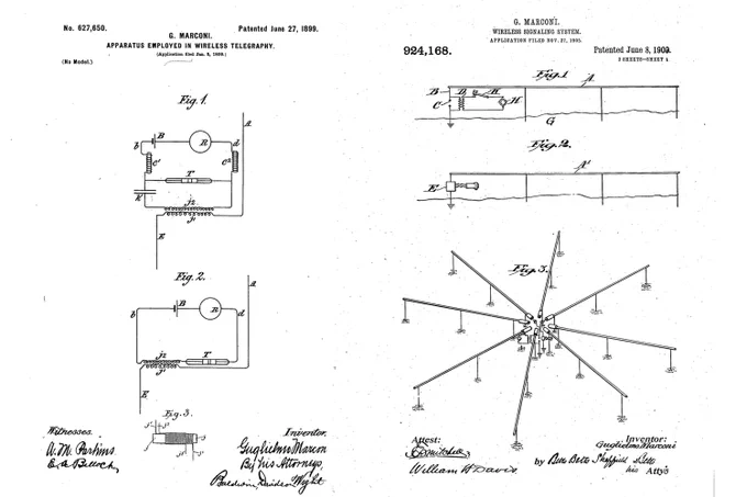 Two Guglielmo Marconi patents, both the field of wireless communication