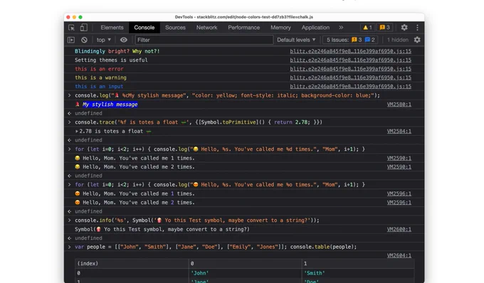 The @ChromeDevTools now supports more of the Console Standard for formatting logs. This includes %i (integer), %f (float), %s (string) for type conversions. I like %o for nice formatting: console.spec.whatwg.org

for (let i=0; i<2; i  ) { console.log("😂 Hello, %s. You've called me %d times.", "Mom", i 1); }

for (let i=0; i<2; i  ) { console.log("😍 Hello, %s. You've called me %o times.", "Mom", i 1); }

console.info('%s', Symbol('🍿 Yo this Test symbol, maybe convert to a string?'));

var people = [["John", "Smith"], ["Jane", "Doe"], ["Emily", "Jones"]]; console.table(people);